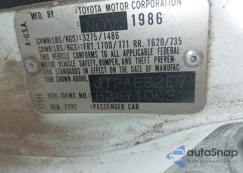 1987 Toyota Corolla Dlx from USA, damaged, VIN JT2AE82E7H3471062